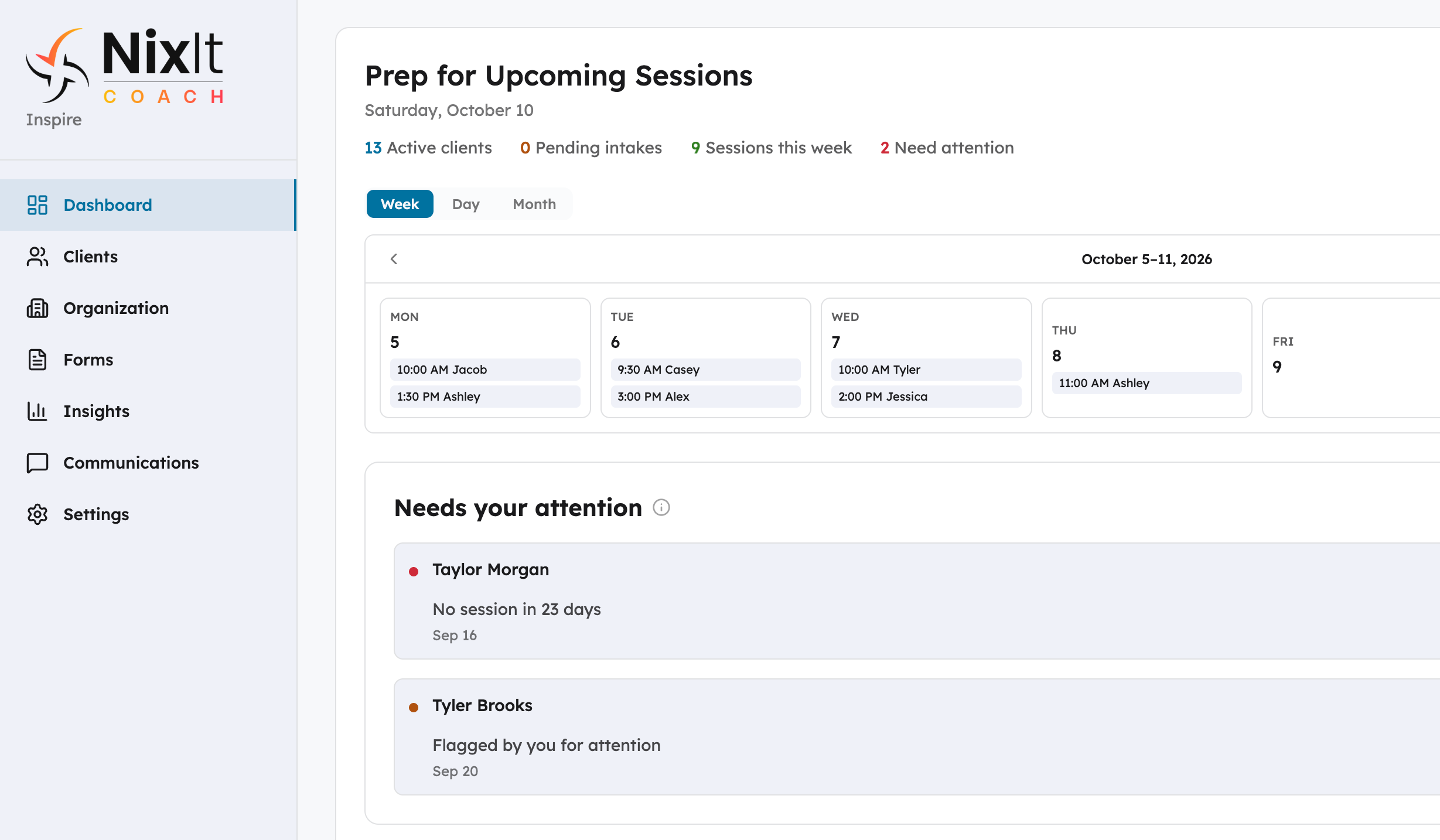 NixIt Coach dashboard: this week's sessions, active clients, and clients who need attention