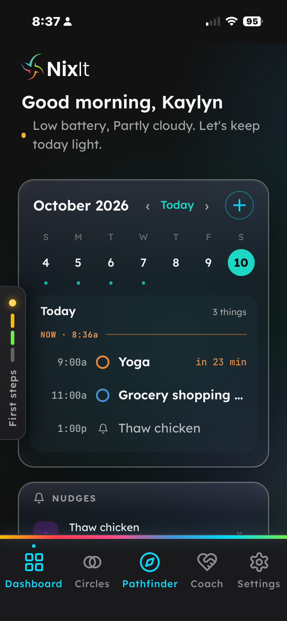 NixIt mobile app: good morning greeting, today's calendar, and nudges