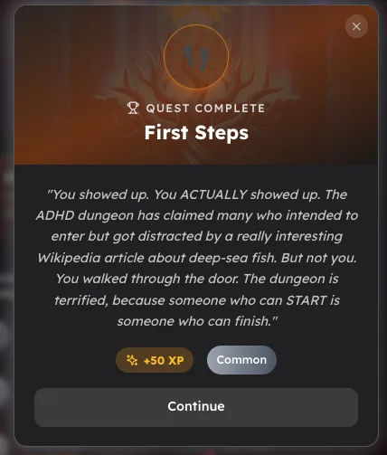 Pathfinder Quest Complete notification showing First Steps achievement