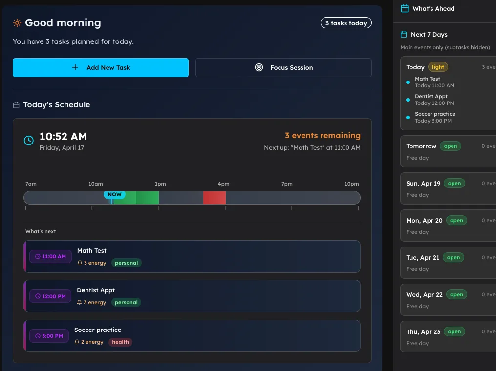 Individual user dashboard showing daily timeline with tasks and progress